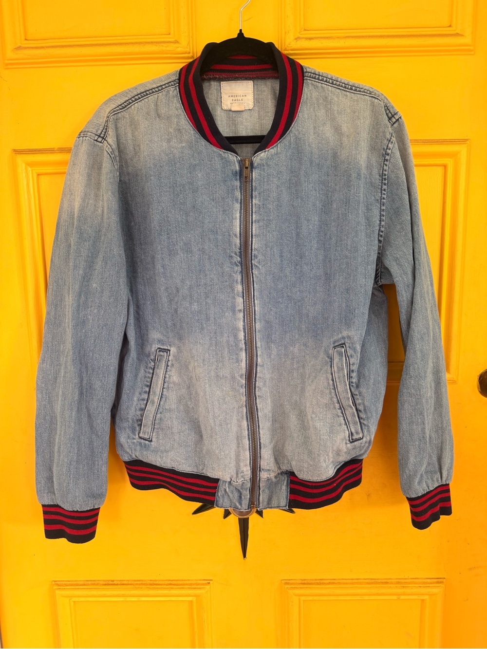 Light Blue Denim Bomber Jacket with Red-Trim Ribbing